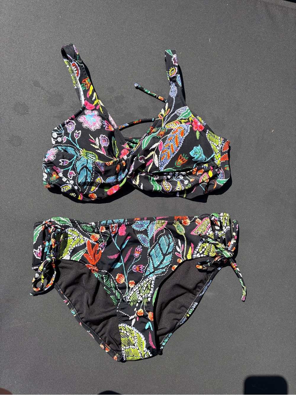 VENUS Black Floral Tie-Side Bikini with Multicolor Print